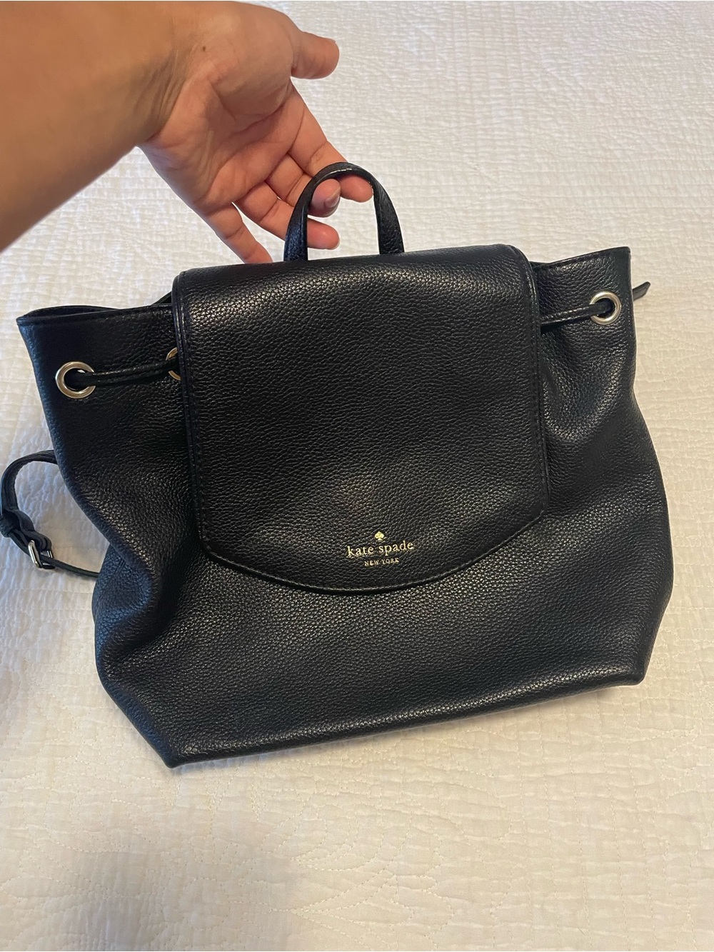 Kate Spade Black Pebbled Leather Drawstring Backpack with Gold Hardware